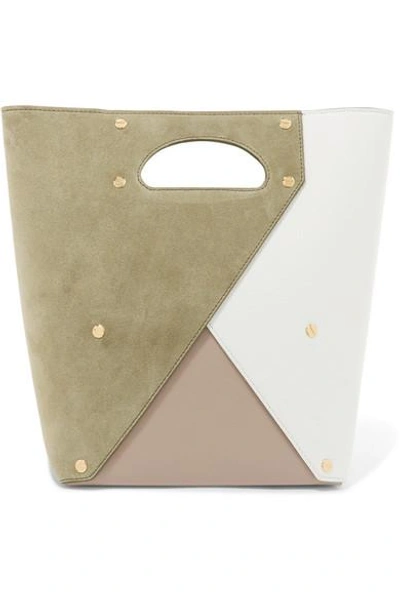 Shop Yuzefi Pablo Color-block Suede And Textured-leather Tote In Sage Green