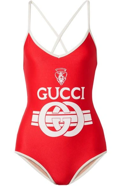Shop Gucci Printed Swimsuit In Red