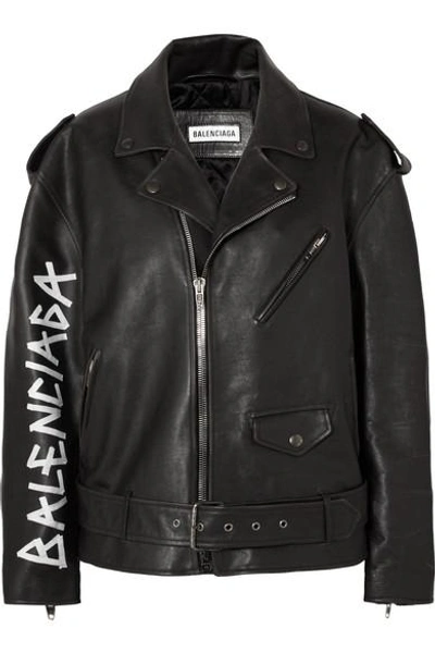 Shop Balenciaga Oversized Painted Textured-leather Biker Jacket In Black