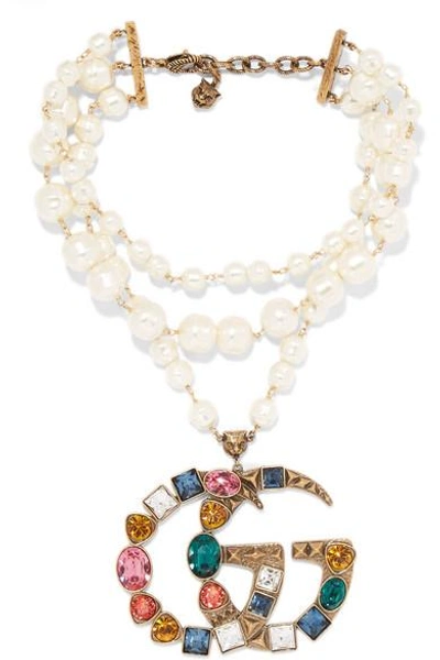 Shop Gucci Gold-plated, Faux-pearl And Crystal Necklace