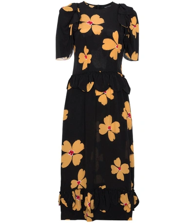Shop Simone Rocha Black Floral Print Scallop Trimmed Silk Dress