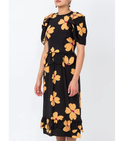 Shop Simone Rocha Black Floral Print Scallop Trimmed Silk Dress