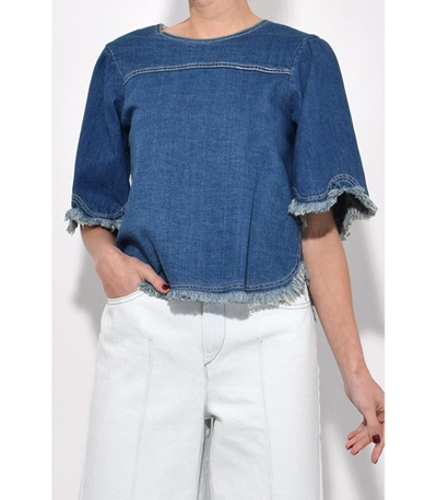 Shop See By Chloé Blue Shady Cobalt Denim Frayed Sleeve Top