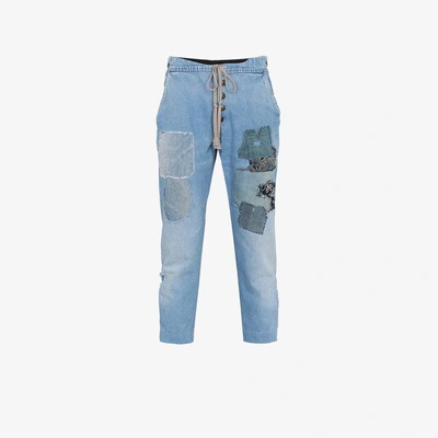 Shop Greg Lauren Patchwork Drawstring Waist Jeans In Blue