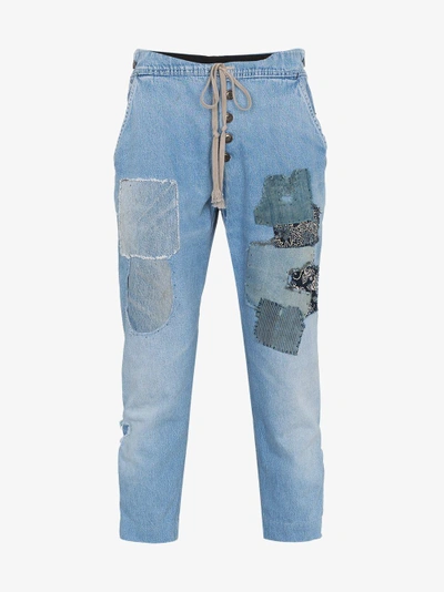Shop Greg Lauren Patchwork Drawstring Waist Jeans In Blue
