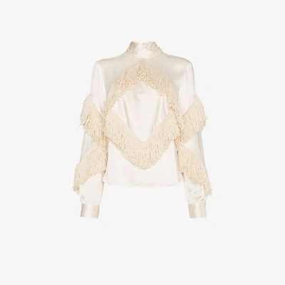 Shop Christopher Kane Fringed High Neck Long Sleeve Top In Nude&neutrals