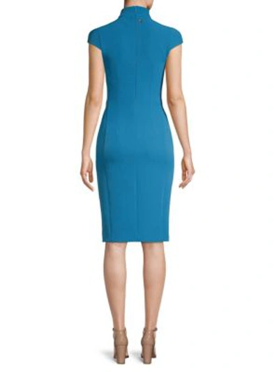 Shop Versace Cap-sleeve Turtleneck Dress In Turquoise