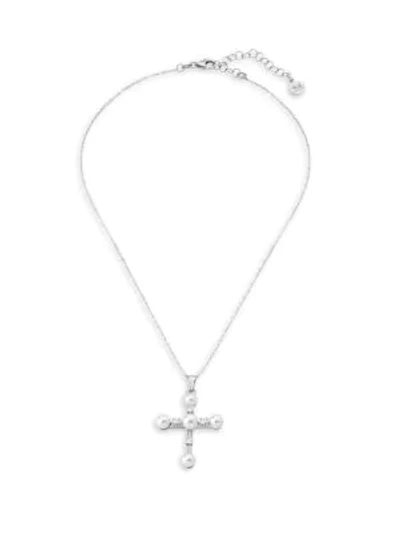 Shop Majorica Sterling Silver & 5-6mm Organic Faux-pearl Chain Cross Necklace In White