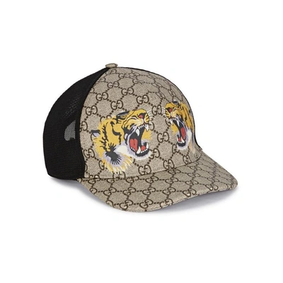 Shop Gucci Tiger-print Gg Supreme Monogrammed Cap In Beige