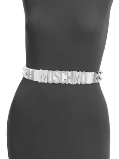 Shop Moschino Studded Leather Belt In White Multi