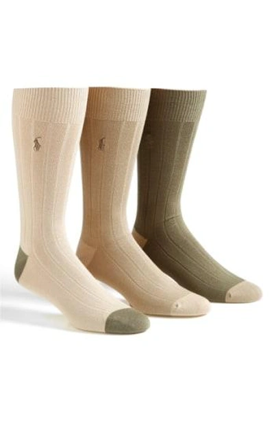 Shop Polo Ralph Lauren 3-pack Ribbed Socks In Khaki Assorted