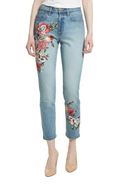 Shop Alice And Olivia Ao. La Amazing Embroidered Slim Crop Jeans In Multi