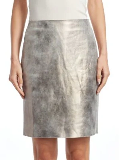 Shop Akris Metallic Leather Pencil Skirt In Gravel Paper