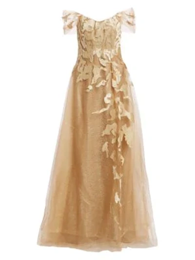 Shop Rene Ruiz Off-the-shoulder Embroidery Gown In Gold