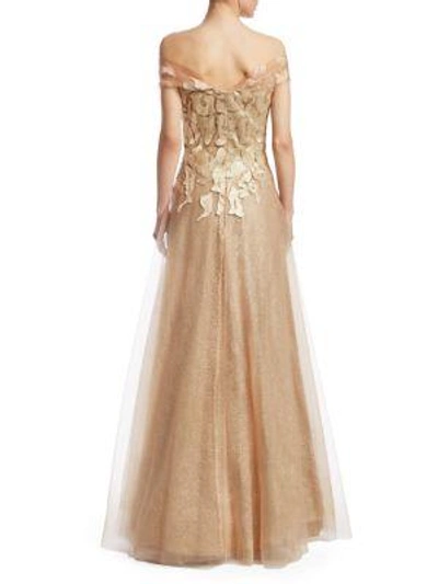 Shop Rene Ruiz Off-the-shoulder Embroidery Gown In Gold