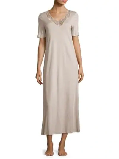 Shop Hanro Valencia Lace-trimmed Cotton Gown In Sandshell