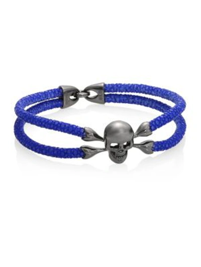 Shop Stinghd Blackened Silver & Stingray Skull Wrap Bracelet In Blue