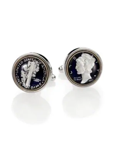 Shop David Donahue Sterling Silver Mercury Dime Cuff Links In Blue