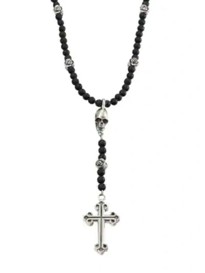 Shop King Baby Studio Men's Onyx Beaded Rosary Necklace In Black Silver