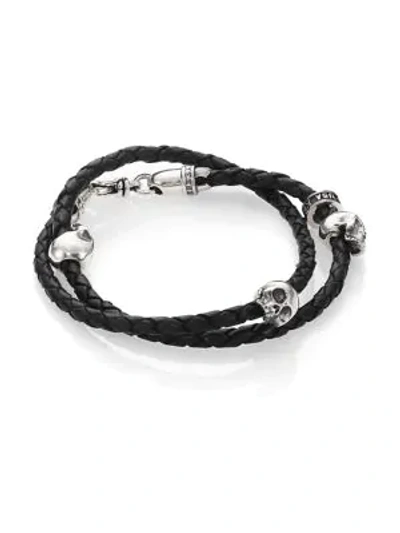 Shop King Baby Studio Men's Thin-braided Double Wrap Leather Bracelet In Black
