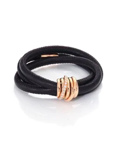 Shop De Grisogono Allegra Diamond, 18k Rose Gold & Leather Wrap Bracelet/black In Rose Gold Black