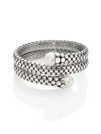 Shop John Hardy Dot 11mm White Pearl & Sterling Silver Double Coil Bracelet In Silver Black