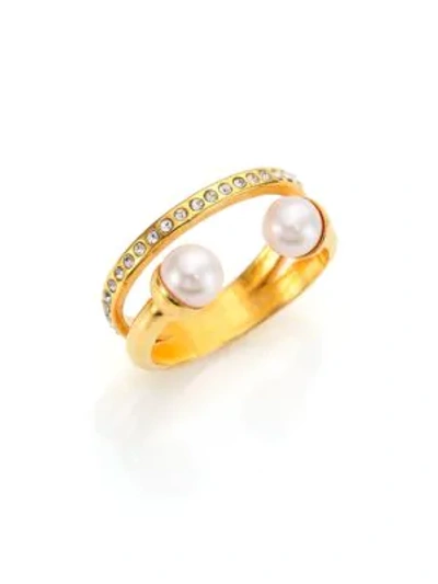 Shop Vita Fede After Dark Ultra Mini 5mm-5.5mm White Akoya Pearl & Crystal Double-band Ring In Gold