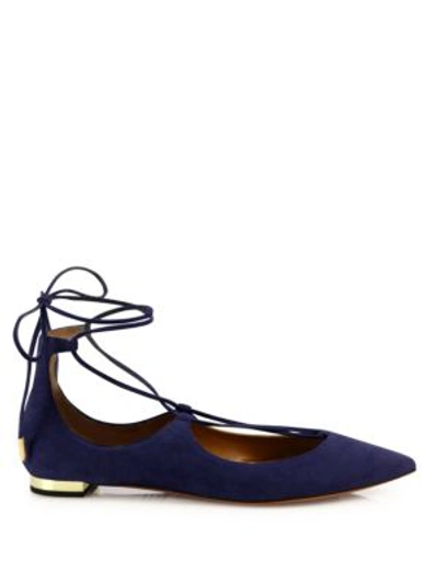 Shop Aquazzura Christy Suede Lace-up Flats In Ink