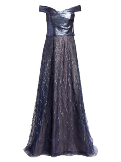 Shop Rene Ruiz Off-the-shoulder Gown In Slate Blue