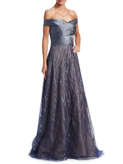 Shop Rene Ruiz Off-the-shoulder Gown In Slate Blue