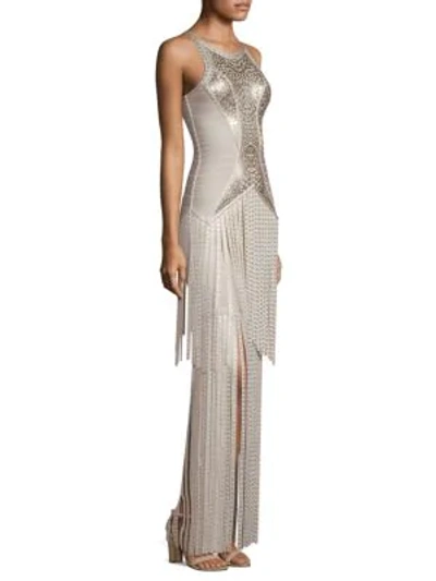 Shop Herve Leger Foil & Fringe Bandage Gown In Moondust