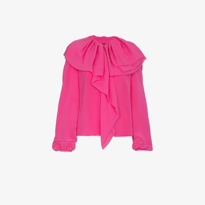 Shop Ronald Van Der Kemp Ruffle Puff Sleeve Silk Blouse In Pink&purple