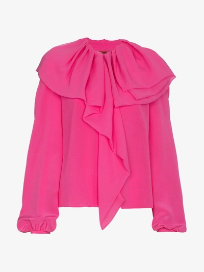 Shop Ronald Van Der Kemp Ruffle Puff Sleeve Silk Blouse In Pink&purple