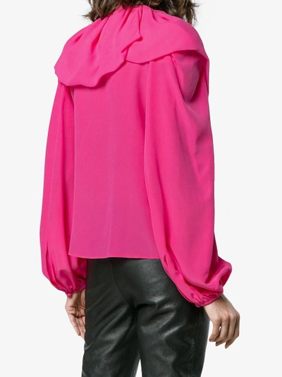 Shop Ronald Van Der Kemp Ruffle Puff Sleeve Silk Blouse In Pink&purple