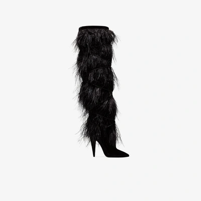 Shop Saint Laurent 'yeti 110' Over-knee-stiefel Mit Federbesatz In Black