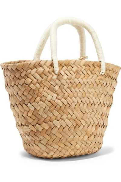 Shop Kayu St Tropez Mini Pompom-embellished Embroidered Woven Straw Tote In Sand