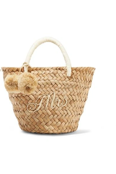 Shop Kayu St Tropez Mini Pompom-embellished Embroidered Woven Straw Tote In Sand