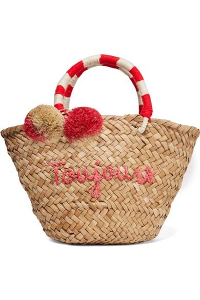 Shop Kayu St Tropez Mini Pompom-embellished Embroidered Woven Straw Tote In Neutral