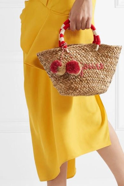 Shop Kayu St Tropez Mini Pompom-embellished Embroidered Woven Straw Tote In Neutral