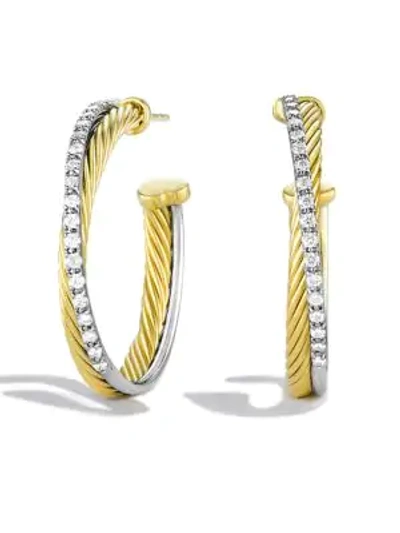 Shop David Yurman Crossover Medium Hoop Earrings With Diamonds In Gold