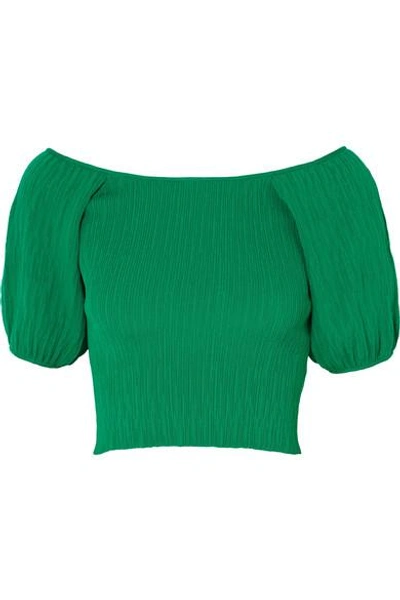 Shop Simon Miller Gwinn Off-the-shoulder Ribbed-knit Top In Jade