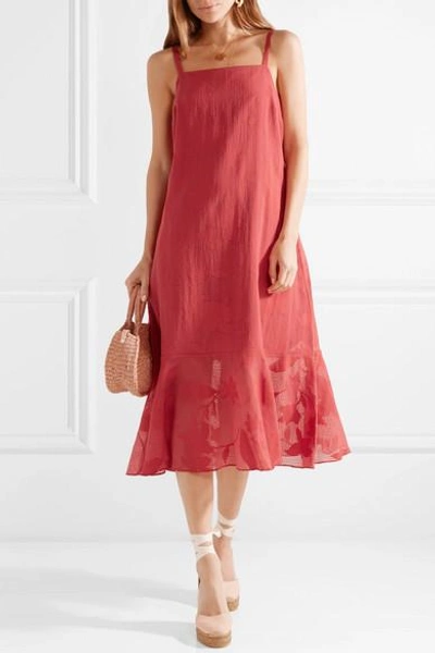 Shop Hatch Paola Ruffled Burnout-voile Midi Dress In Brick