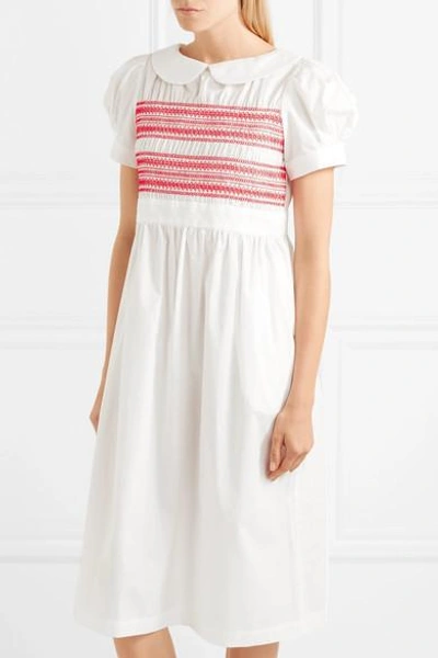 Shop Comme Des Garcons Girl Embroidered Shirred Cotton-poplin Midi Dress In White