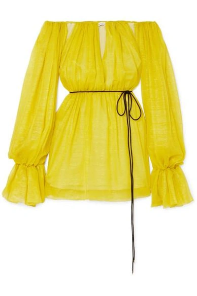 Shop Mugler Off-the-shoulder Metallic Silk-blend Chiffon Mini Dress In Chartreuse