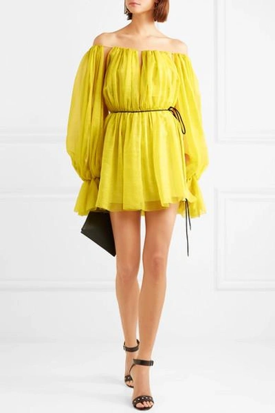 Shop Mugler Off-the-shoulder Metallic Silk-blend Chiffon Mini Dress In Chartreuse