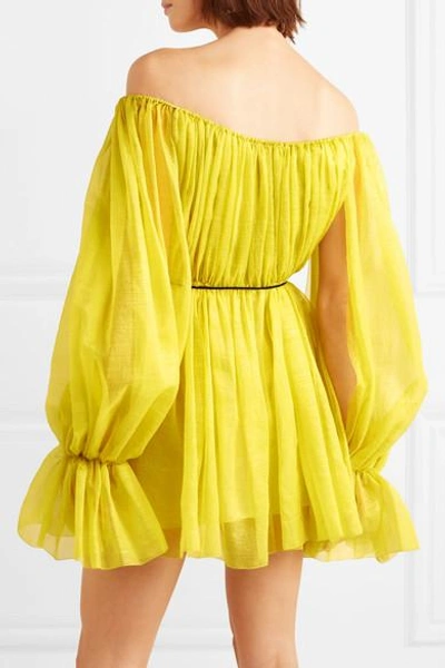 Shop Mugler Off-the-shoulder Metallic Silk-blend Chiffon Mini Dress In Chartreuse