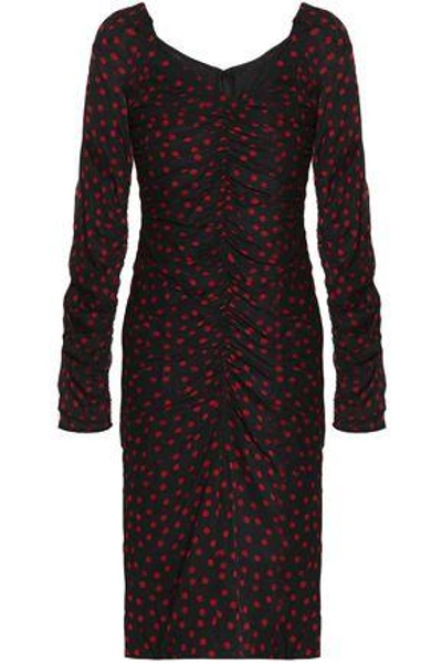 Shop Dolce & Gabbana Woman Ruched Polka-dot Stretch-silk Dress Black