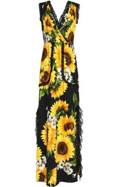 Shop Dolce & Gabbana Wrap-effect Lace-trimmed Floral-print Crepe Maxi Dress In Yellow