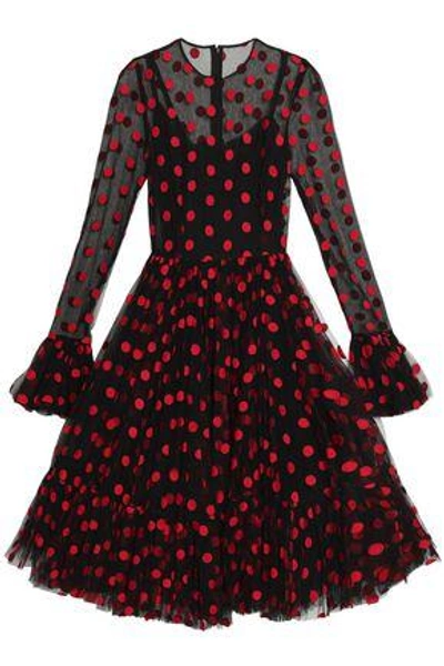 Shop Dolce & Gabbana Embroidered Polka-dot Cotton-blend Tulle Dress In Black