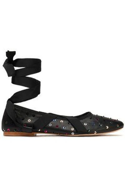 Shop Loeffler Randall Woman Pearl Lace-up Embellished Leather Ballet Flats Black